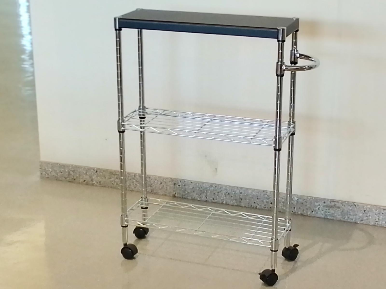 キャスター付き3段スリム木製スチールラック